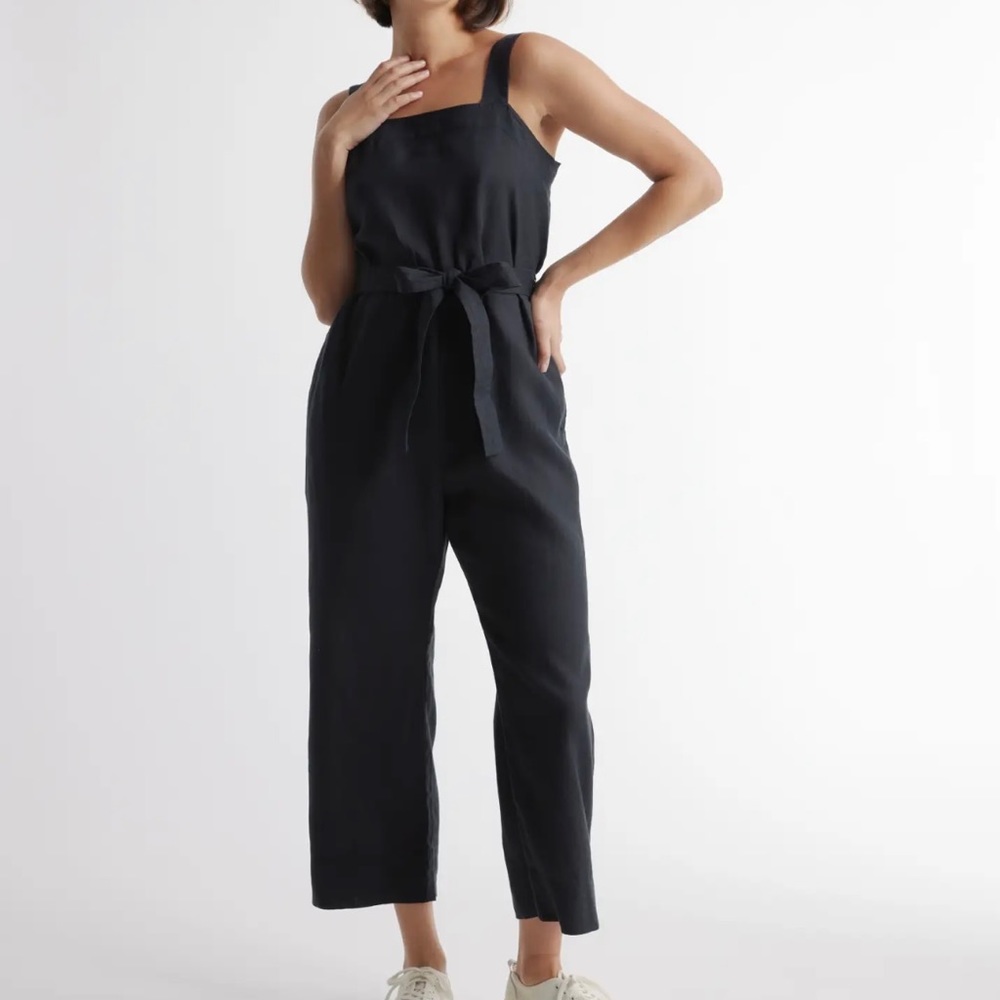 Quince Black Linen-Blend Square-Neck Jumpsuit with Waist Tie